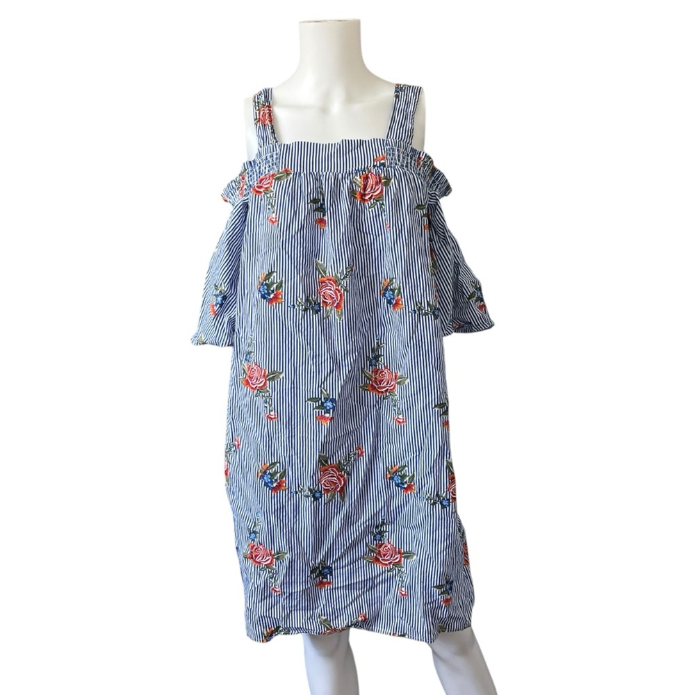 J Gee Striped Floral Print Dress Cold Shoulder Knee Length Plus Size 1X
